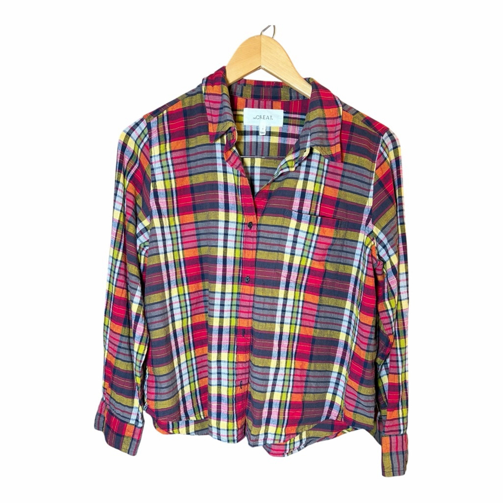 The Great The Cottage Plaid Button Down Shirt Size 2 Boxy Cropped Cotton Linen - Picture 2 of 7
